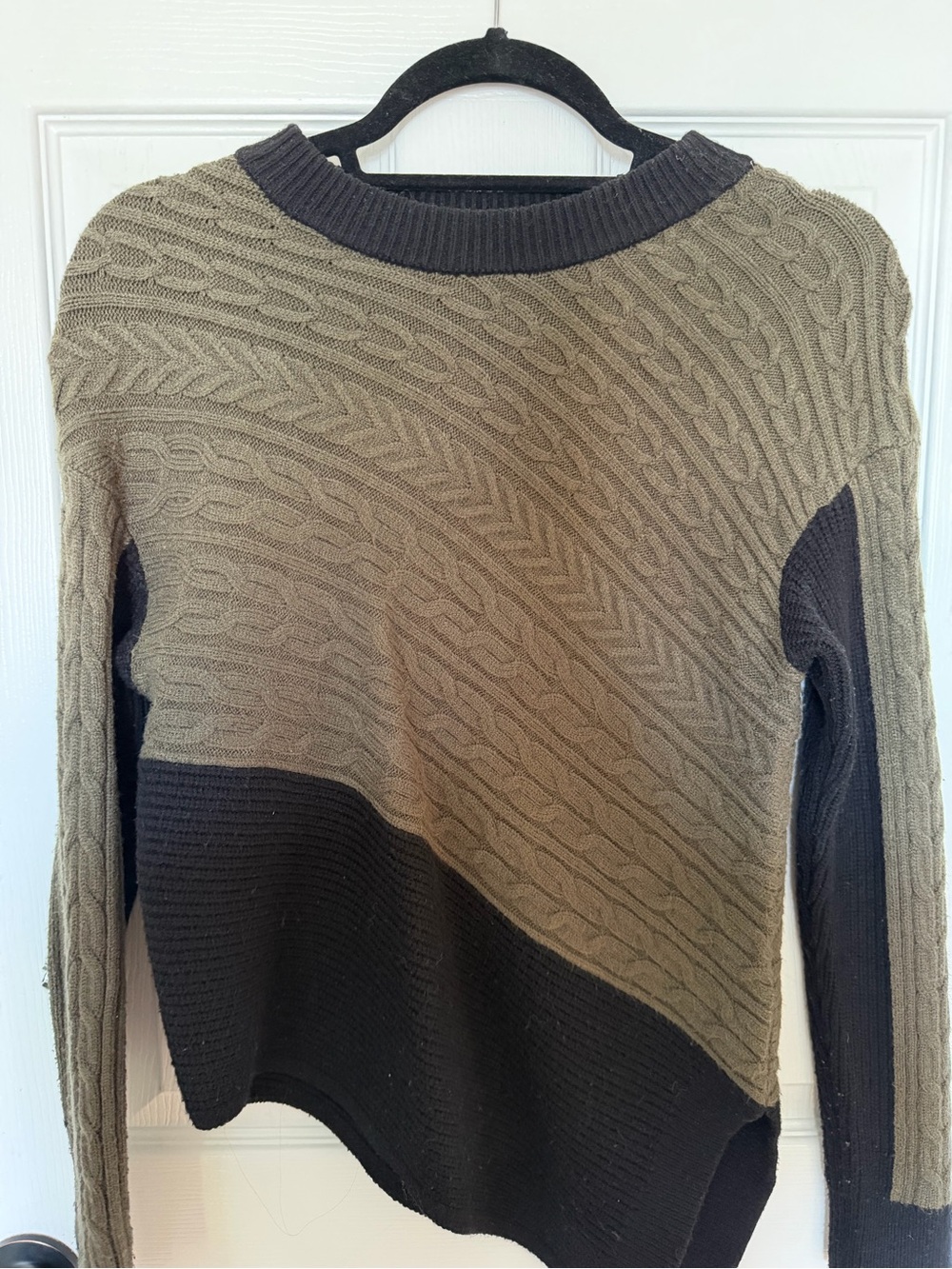 Express Olive & Black Colorblock Cable Knit Crew Sweater